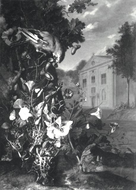 Christie's — Ruysch Rachel - sec. XVII/ XVIII - Natura morta con fiori, ghiandaia e palazzo in un giardino — insieme